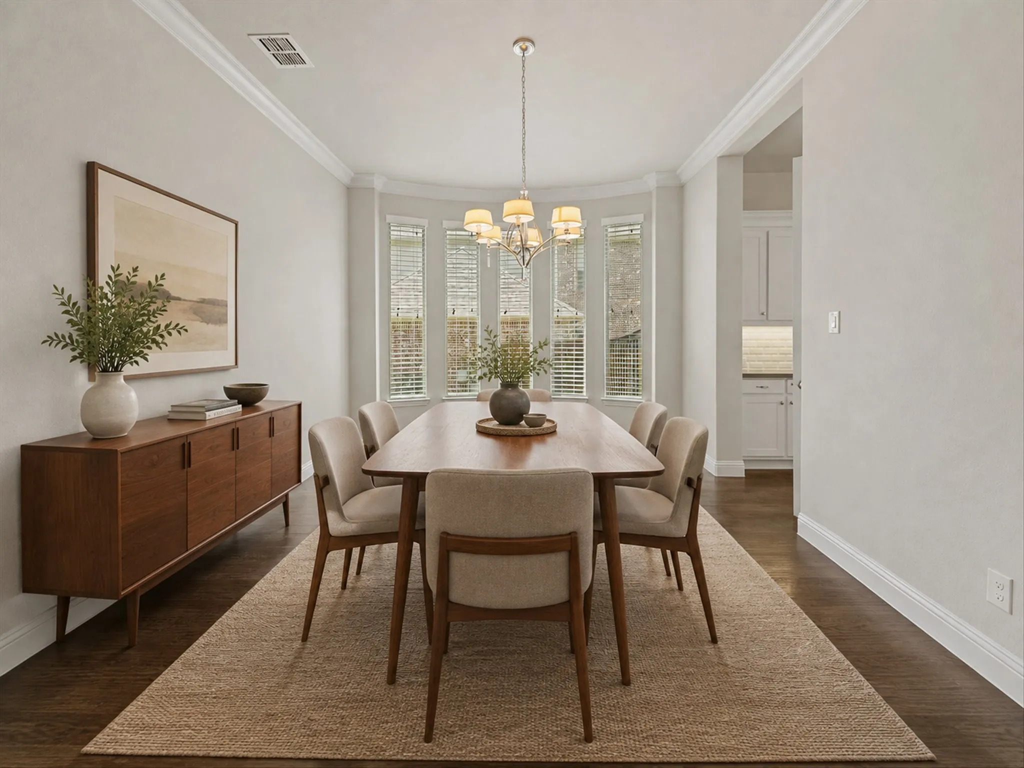 Dining room: The home features fresh paint throughout on every surface of the 4,971 sq ft home! (walls, ceiling, doors, trim, baseboards, molding, cabinets, etc) It shines like new! This entire home has been refreshed with even new carpet on the upper level too! First floor showcases hand scraped hardwood floors. Kitchen features built in SS appliances, a gas cooktop, tons of storage, granite and quartz countertops, a deep farmhouse sink, gorgeous lighting fixtures, an island with room for barstools, eat in kitchen, open floor plan, and more!