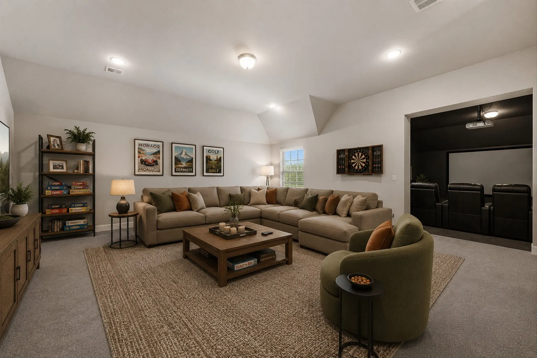 This photo features AI staging to show the room's potential. Upstairs landing features NEW CARPET throughout the whole upper level here, the second living room, the upper three bedrooms, and the media room.