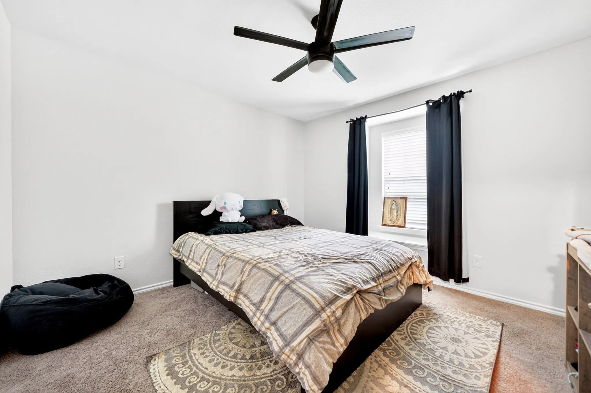 Spacious bedroom featuring a black ceiling fan, carpeted flooring with area rug, and large window with black grommet curtains