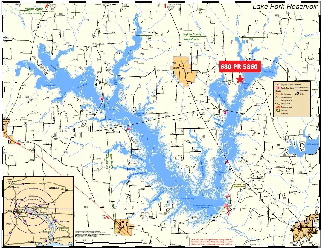 Lake Fork Reservoir Property Location Map. Depicting the geographic position of the property in relation to regional water features and road infrastructure