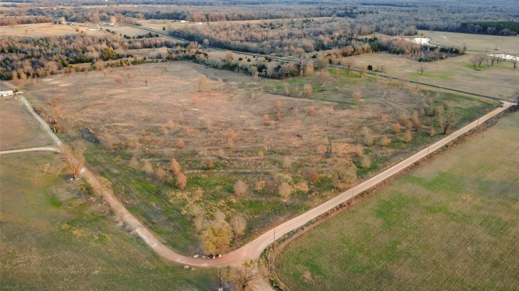 Expansive acreage featuring a perimeter fence line, dirt road frontage, and scattered mature trees
