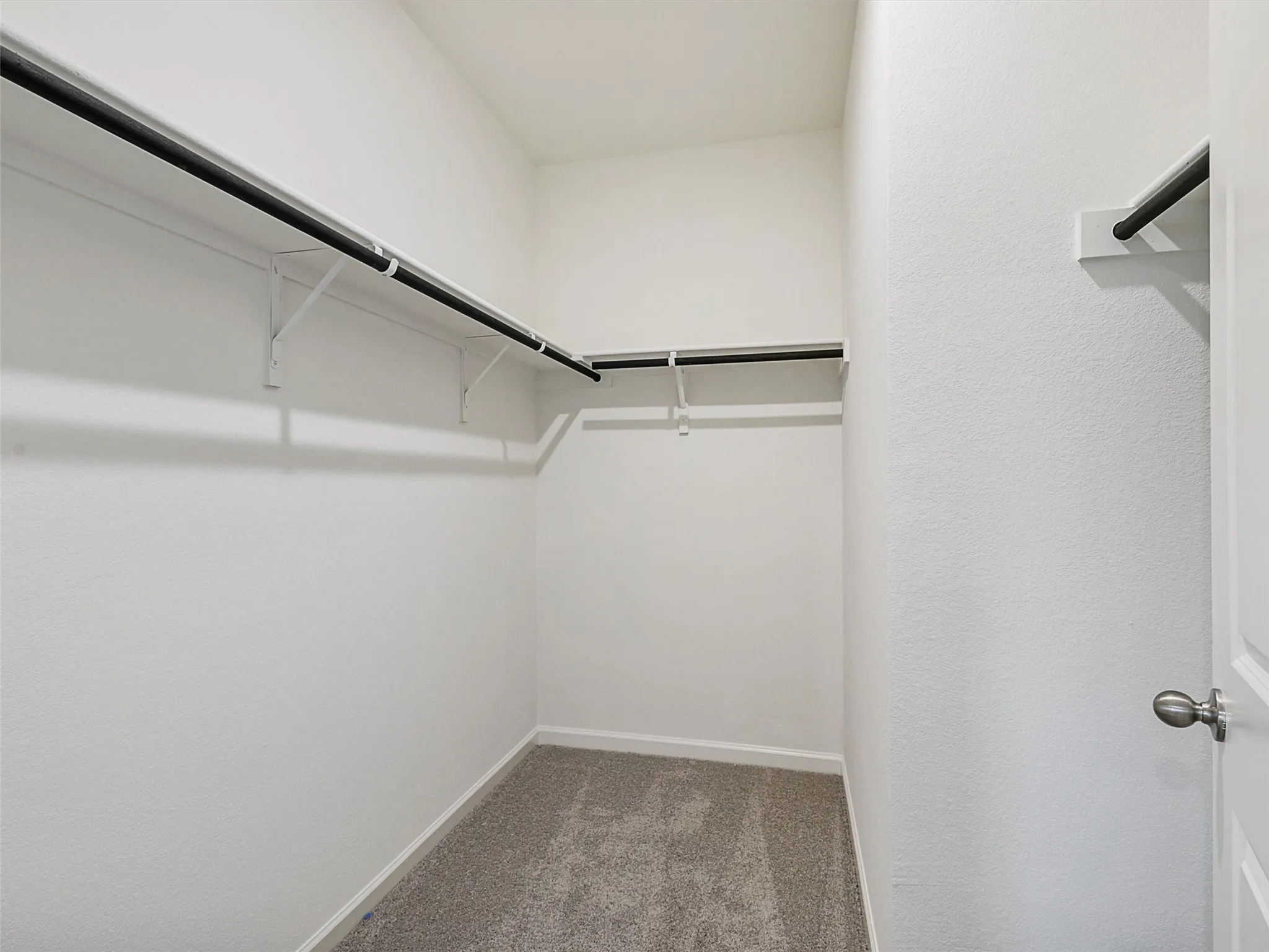 Walk-in closet featuring white painted walls, grey carpet, multiple hanging rods, and integrated shelving