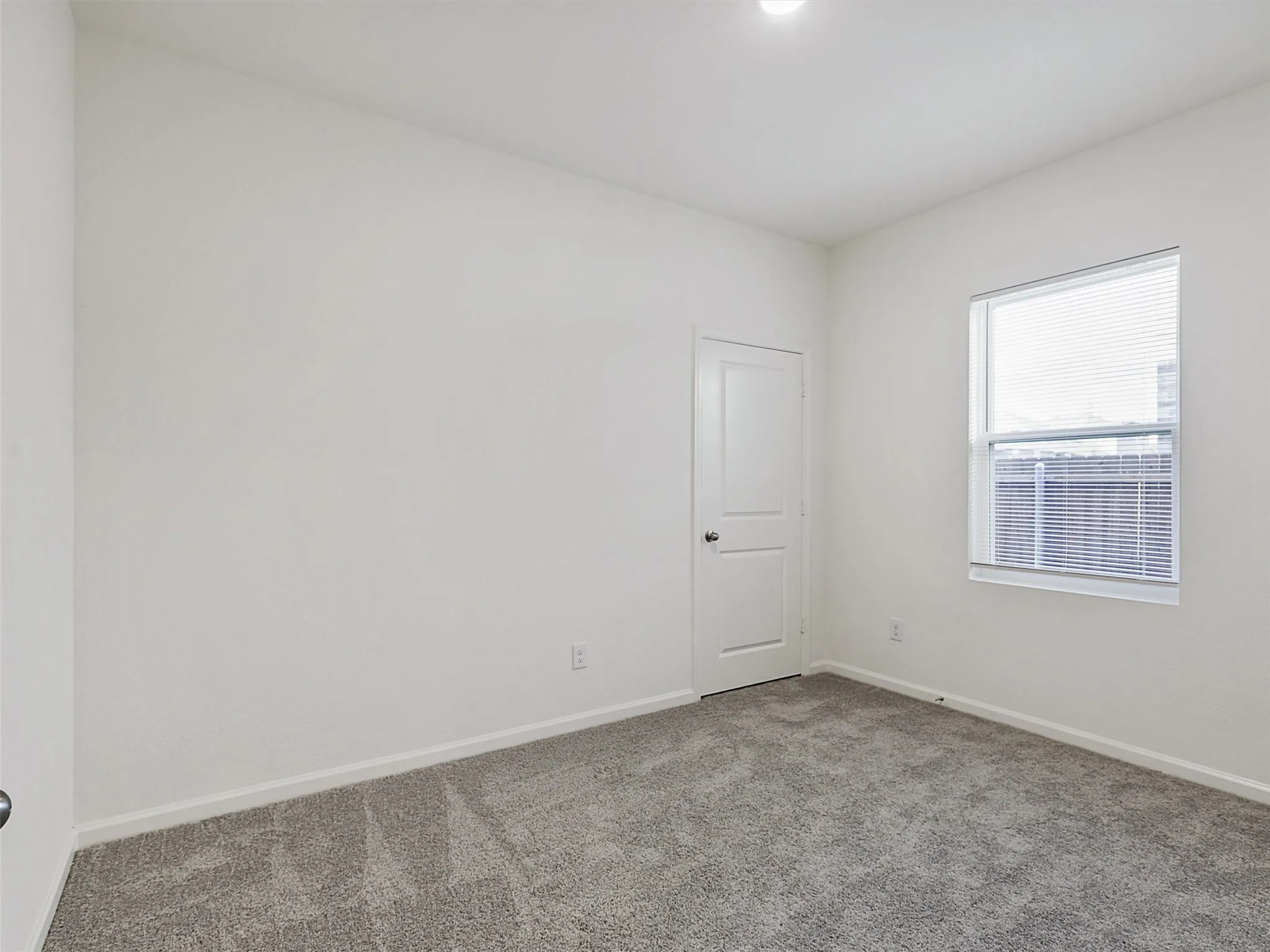 Bright room featuring a window with blinds, a white paneled door, light-colored walls, and gray textured carpeting