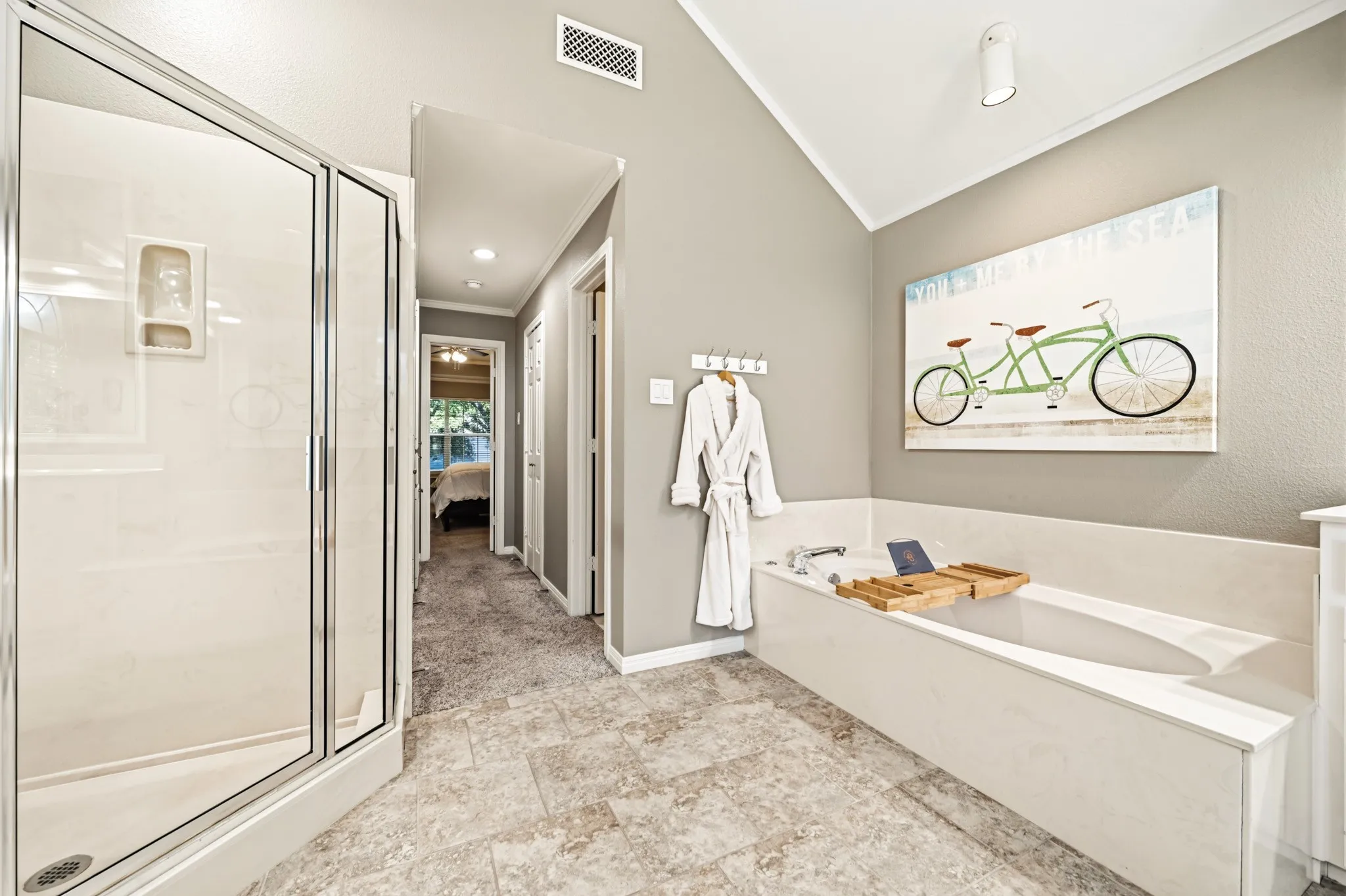 Spacious walk-in shower and jetted tub