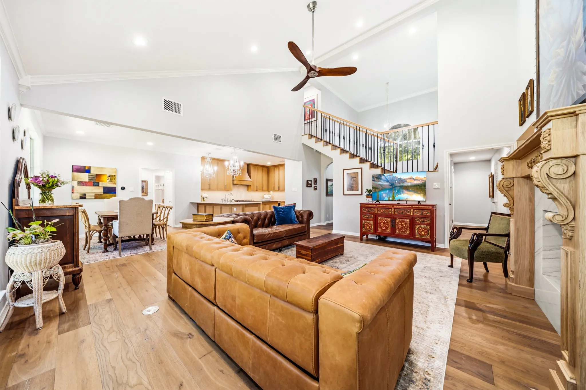 Open-concept design seamlessly connects the kitchen, dining, and living areas.