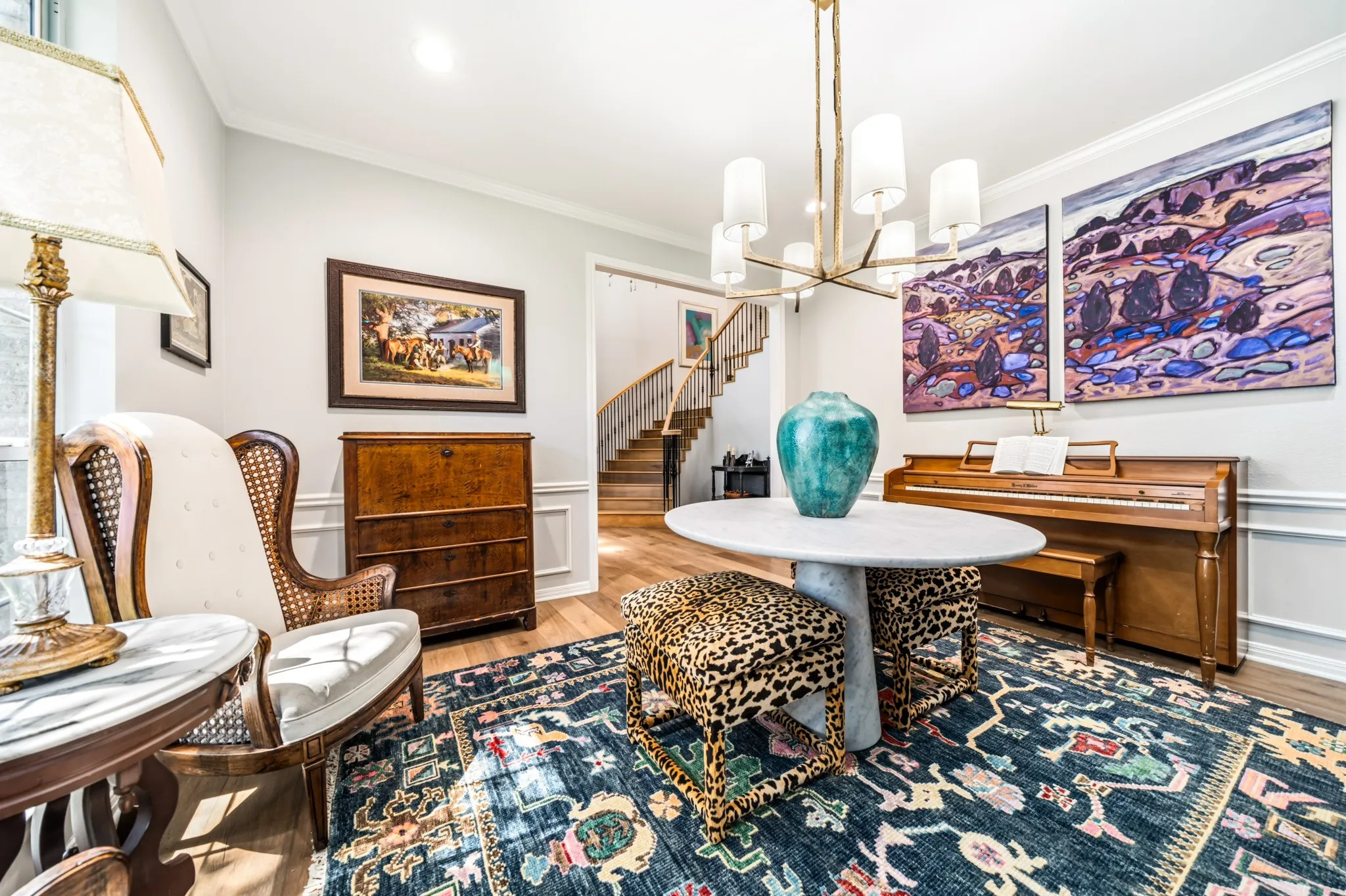 Library AND Music Room
~Lighting for art and book collections are fastened atop the bookcase.