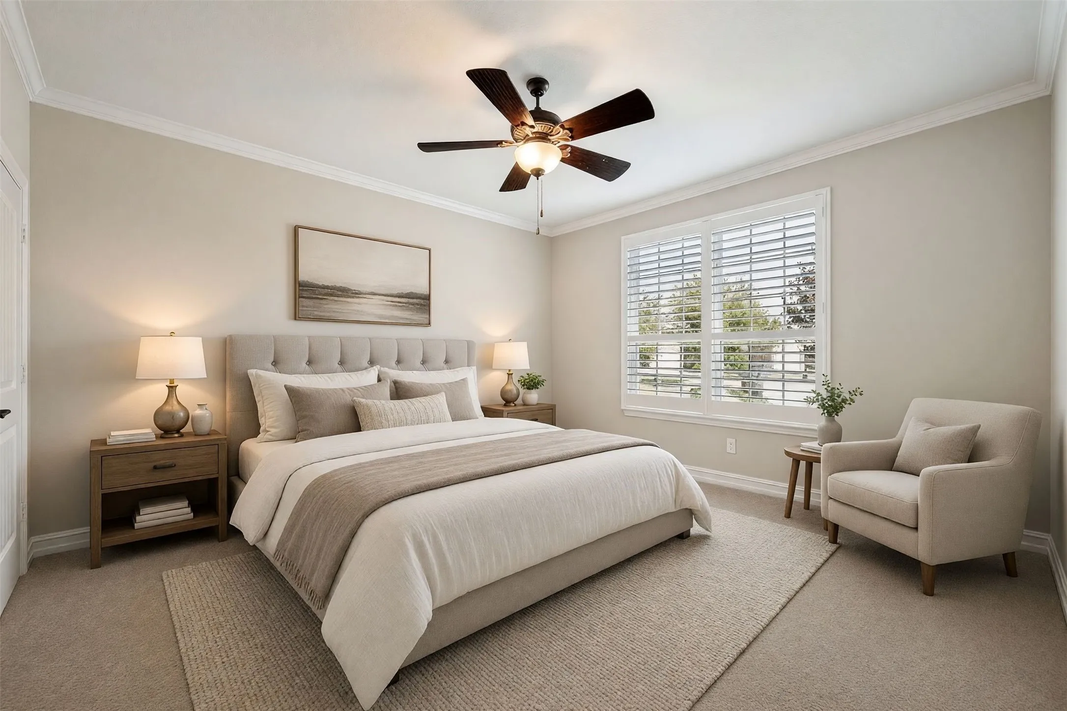 Ceiling fan with integrated lighting, crown molding, double window with plantation shutters, plush carpet flooring, and a built-in wall niche/virtually staged