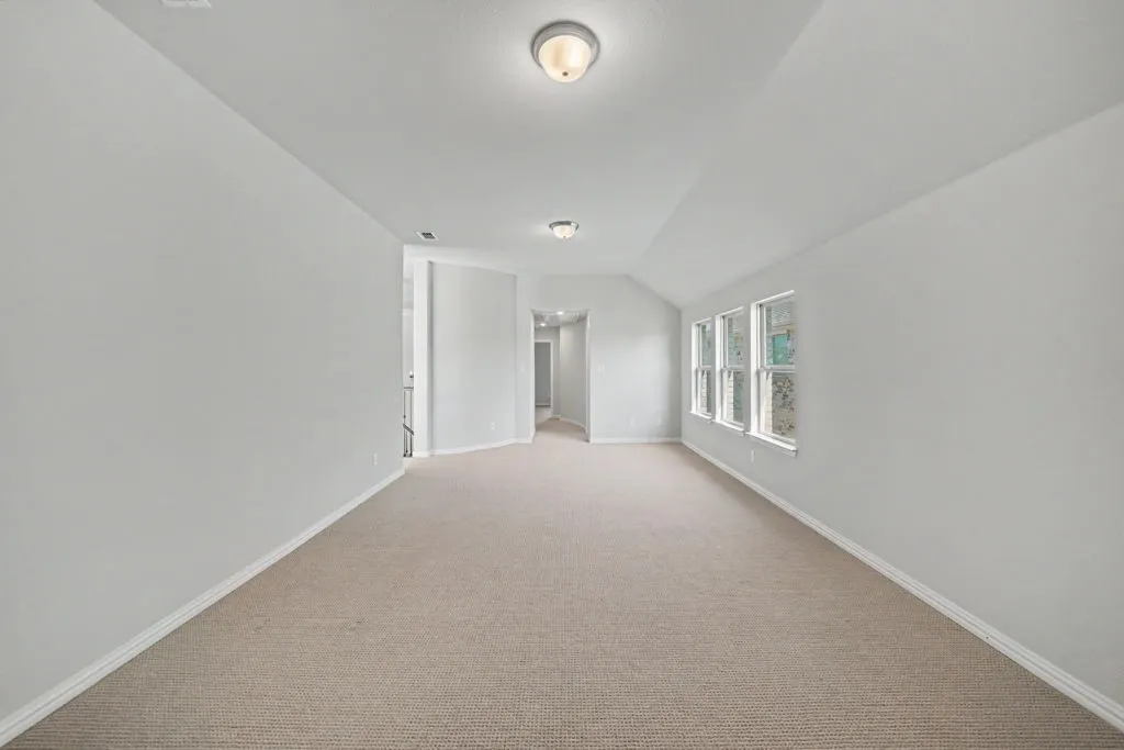 Carpeted interior space with neutral wall tones, multiple windows, and ceiling-mounted light fixtures