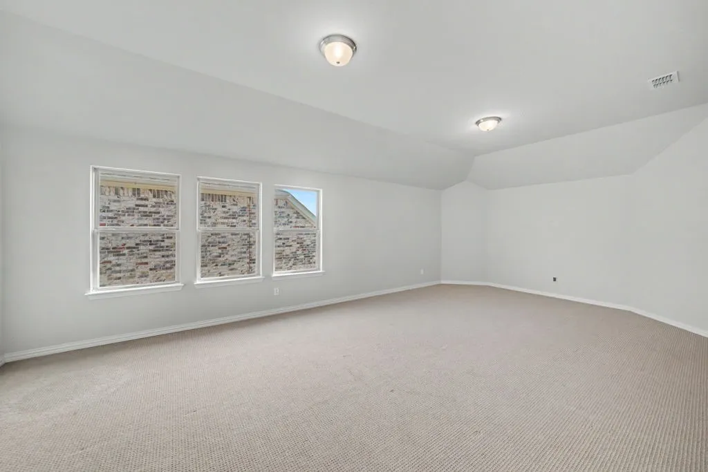 Expansive room featuring carpet flooring, three windows, and two ceiling-mounted light fixtures
