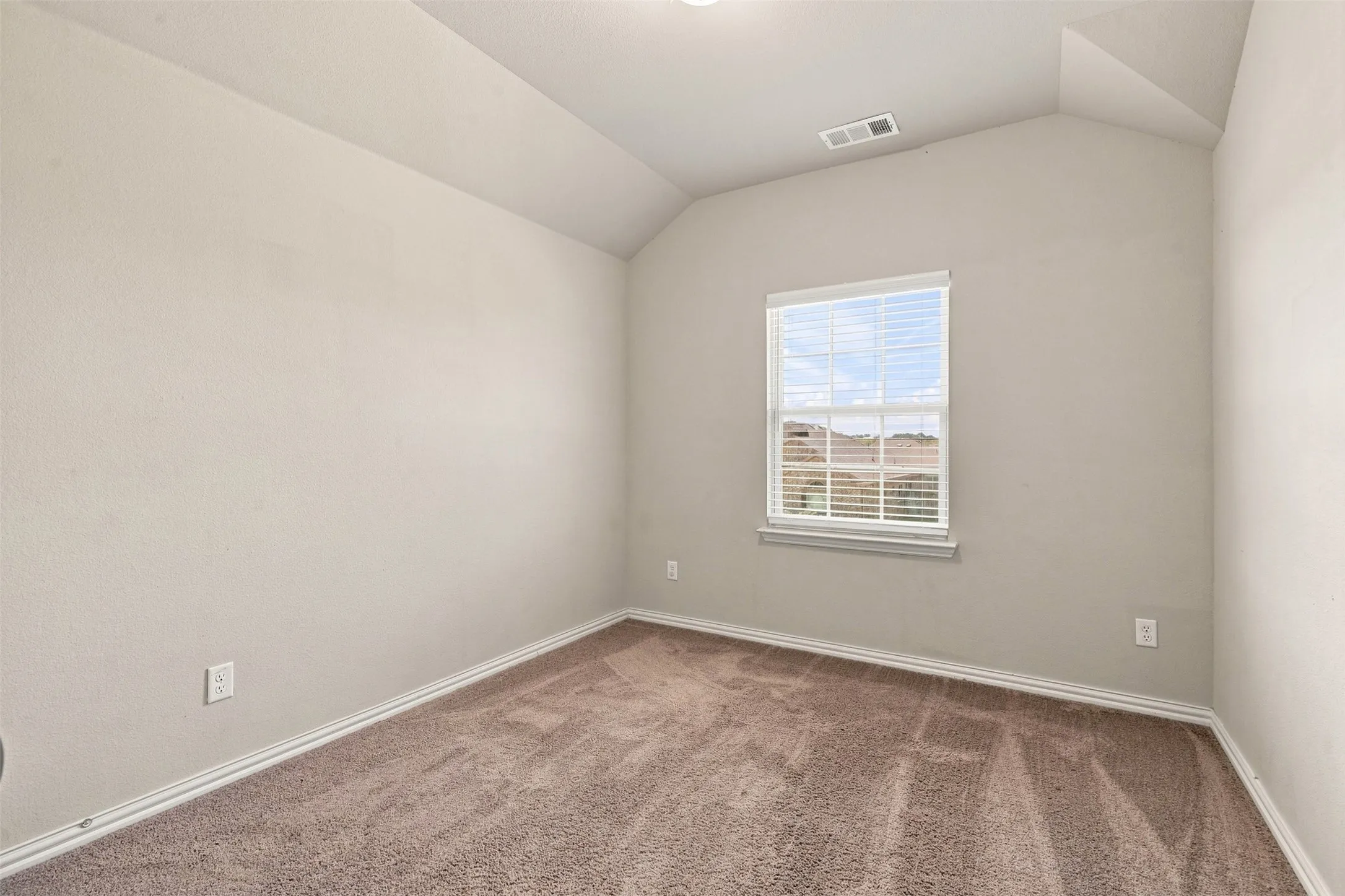 Windowed room featuring vaulted ceilings, neutral-toned walls, brown carpet flooring, and white baseboards