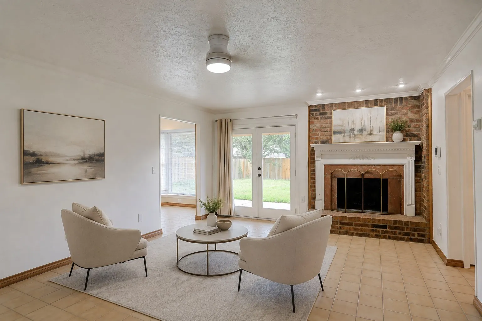 Brick fireplace with white mantel, tile flooring, crown molding, ceiling fan, and French doors leading to the exterior