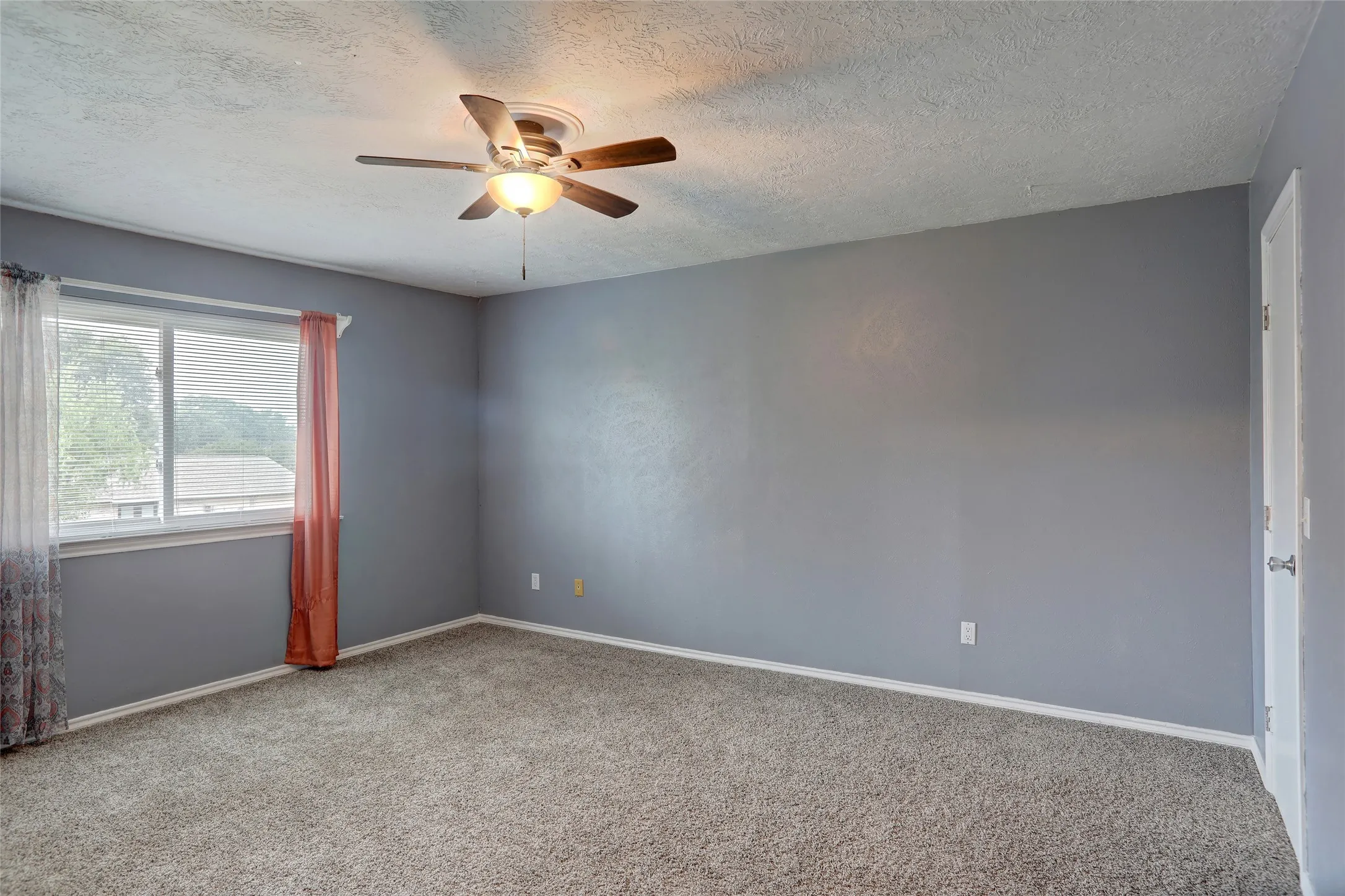 Carpeted room with a ceiling fan light fixture, gray painted walls, and a window featuring white trim