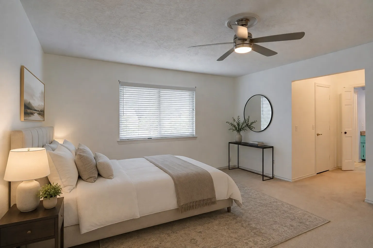 Ceiling fan with integrated lighting, window with horizontal blinds, neutral wall paint, and carpet flooring