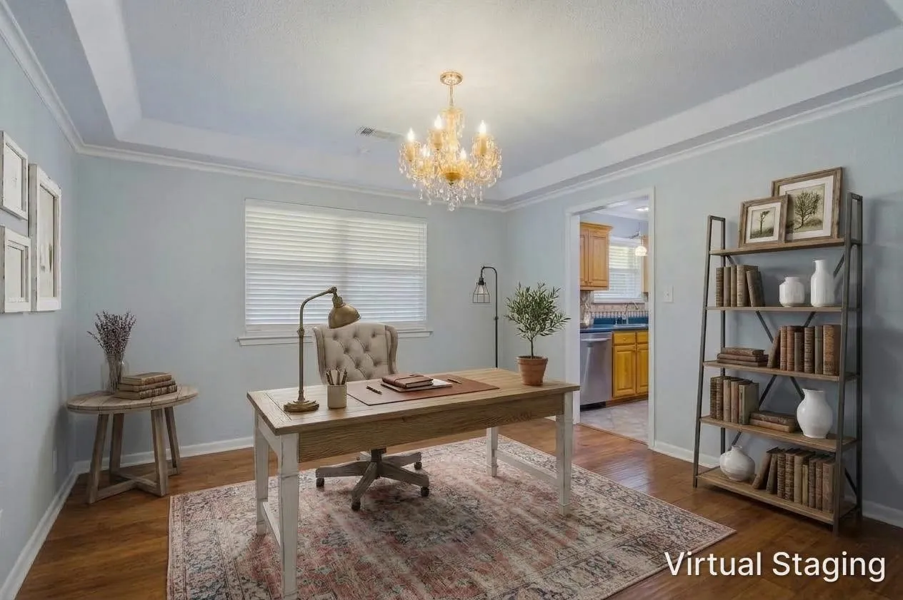 As you move through the upstairs kitcen, you will arrive at a lovely room that can be a sitting room or office.  This room is large - a baby grand piano, three display cabinets, and a couch were in this room before we owned it.