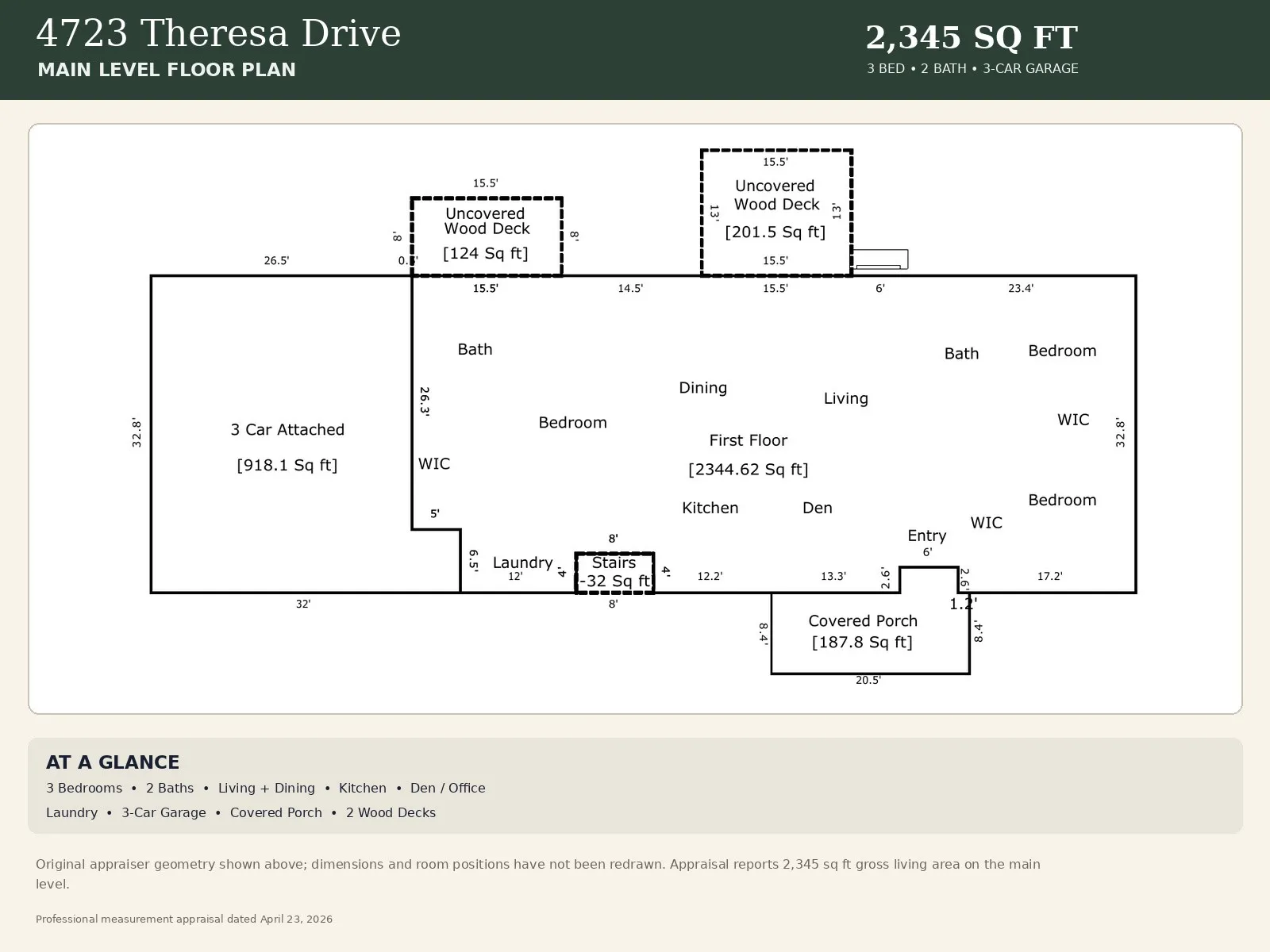 With two full stories, this map derived from the appraiser shows the upstairs layout.