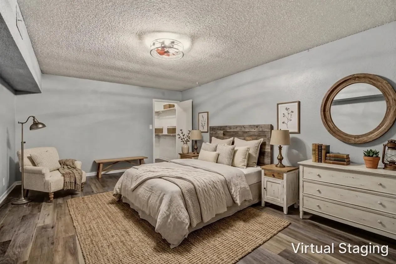 Virtually staged- the largest bedroom down stairs also has the largest closet!  Farmhouse style here, but this room originally had 8 pieces of big furniture.  It is definitely spacious.