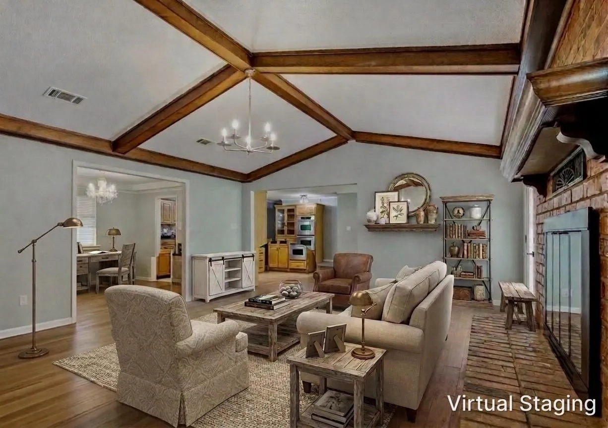 The high ceilings lend a sense of grandeur over this Virtually Staged living area.  The French Door on the right leads to a large deck!  It's amazing!
