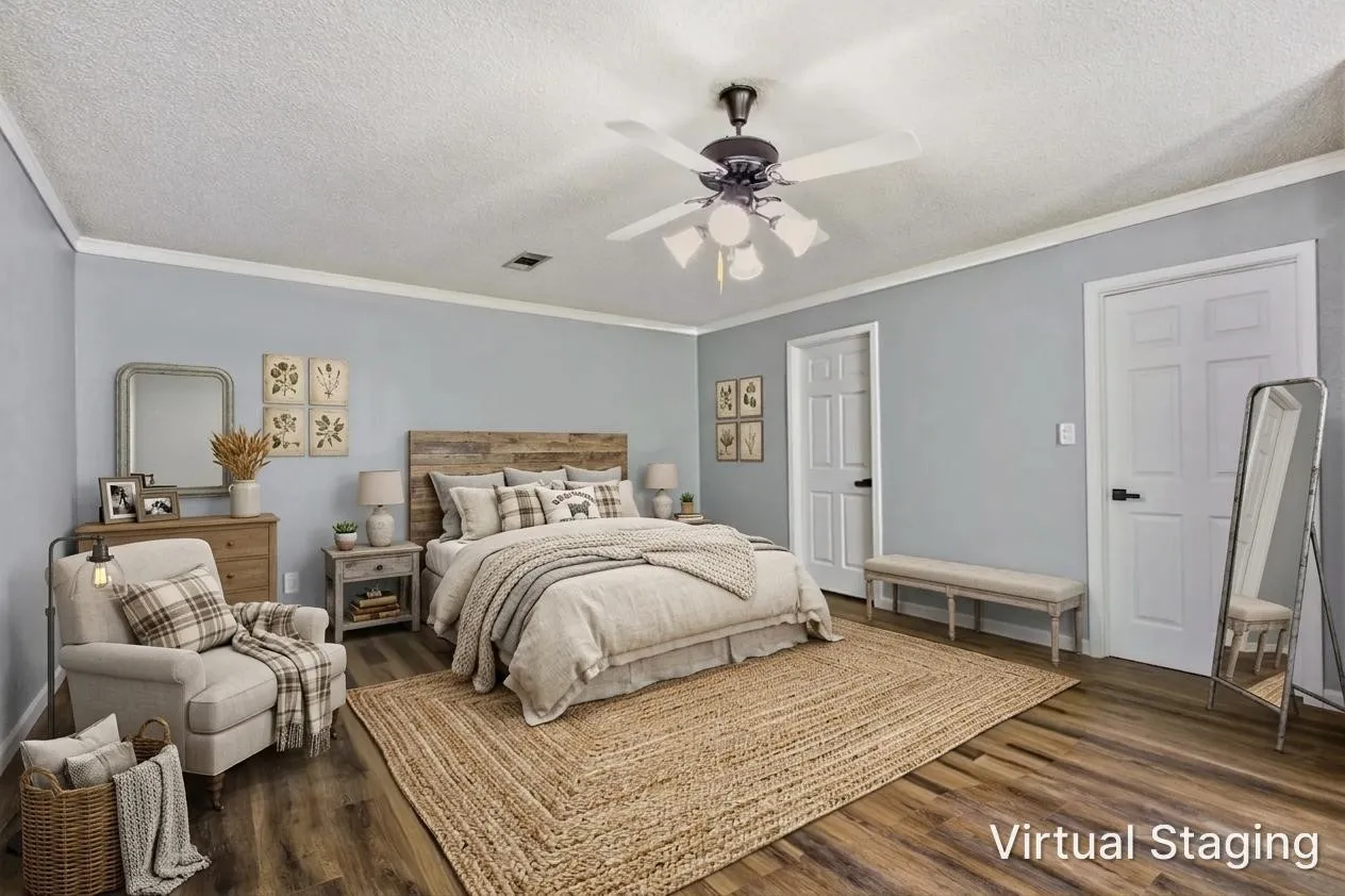 Virtually staged bedroom - just off the kitchen, this room has so much room to create your private sanctuary in whatever style you choose.  A California king bed fit here with ease.