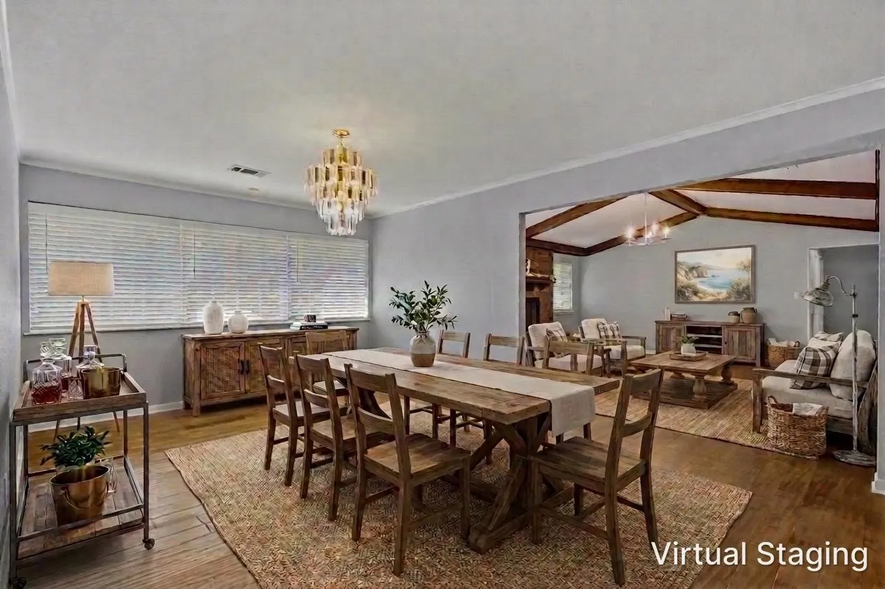 These main rooms are virtually staged to show the size of each of these rooms.  The dining room can accommodate a 12-person table along with china cabinests and still feel roomy.