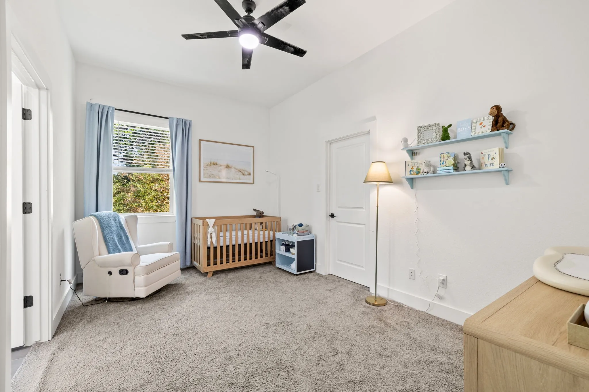 Carpeted room featuring a ceiling fan, white walls, and a window with blinds and blue curtains