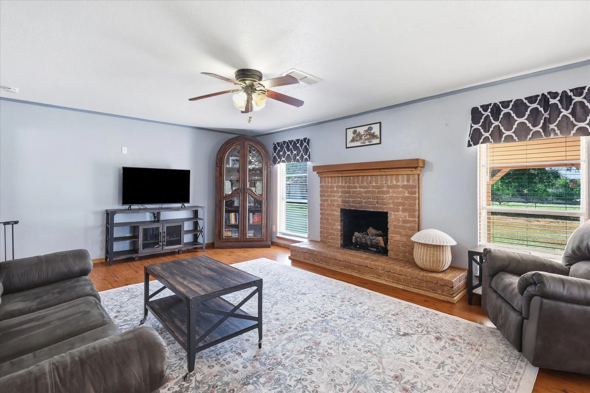 Brick fireplace.