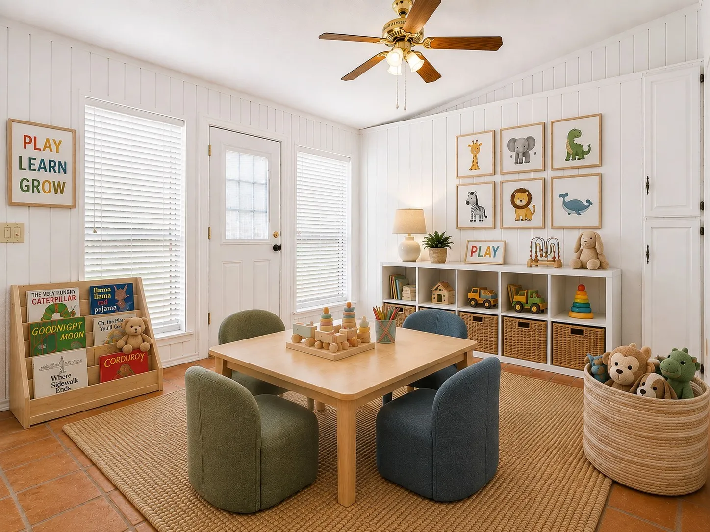 Sunroom with Saltillo tile floor, virtually staged as a playroom