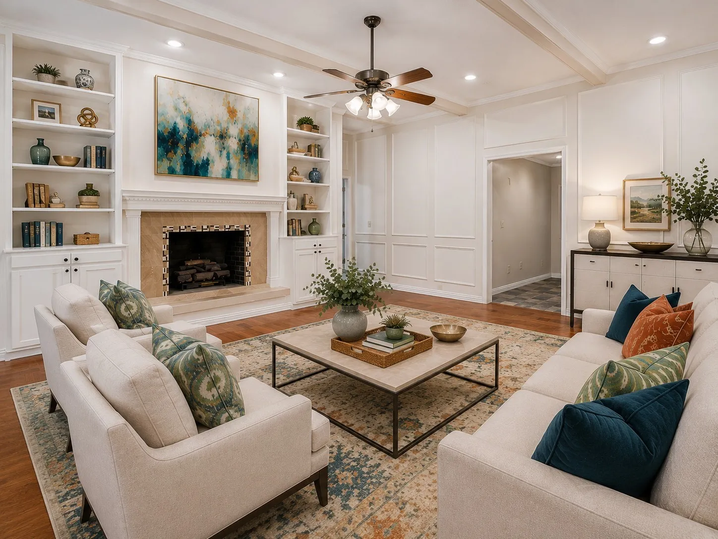 Virtually staged living room - note the built-ins flanking the fireplace