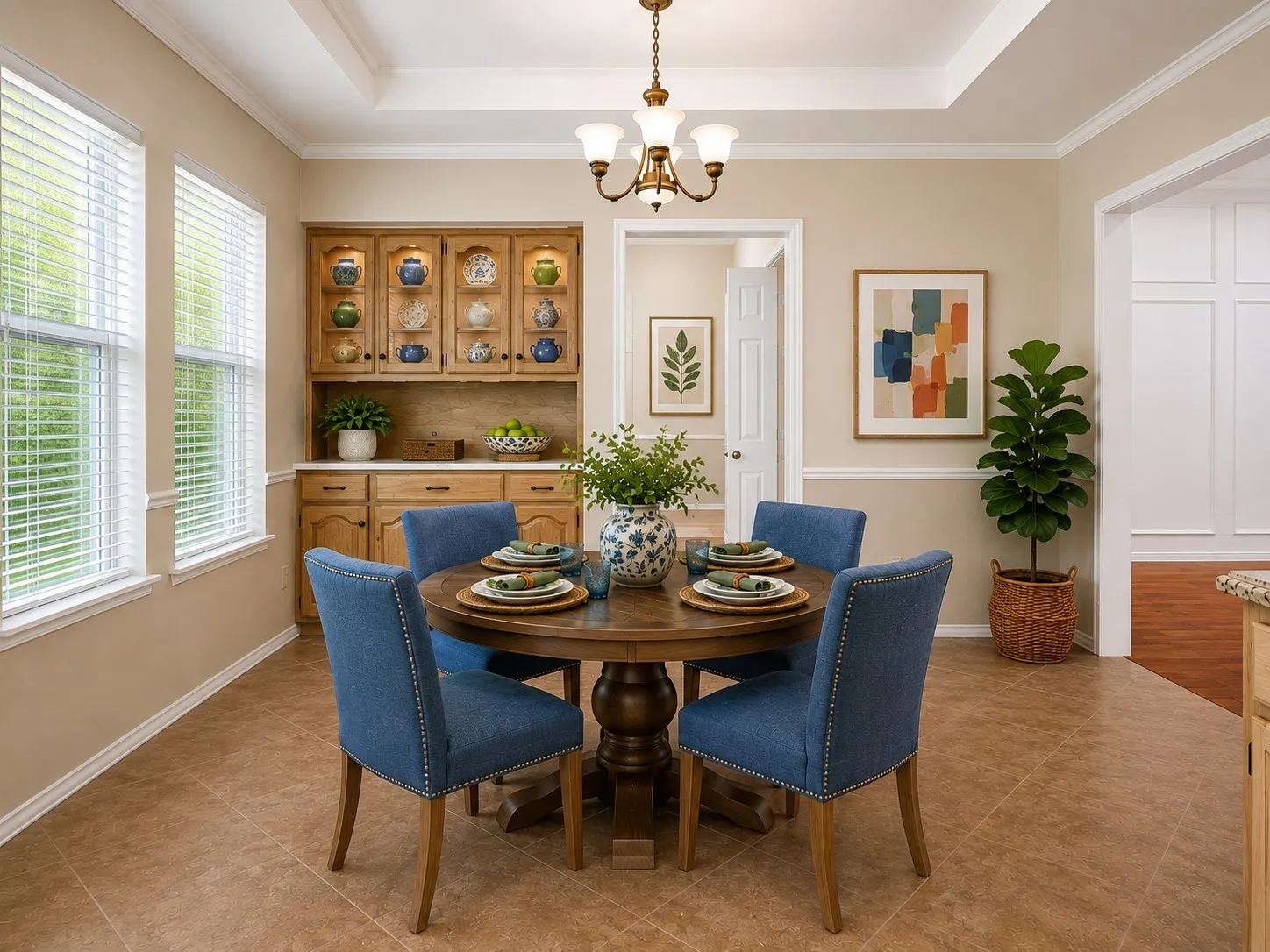 Virtually staged - note the glass-front cabinets in the built-ins