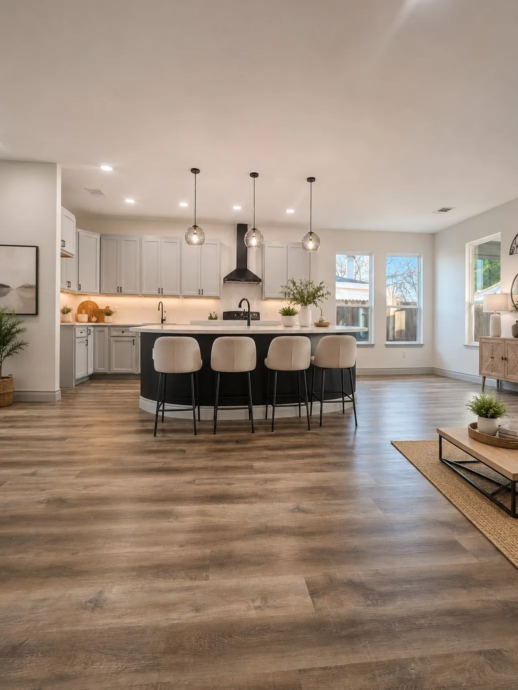 Open-concept kitchen and dining area featuring white cabinetry with quartz countertops, a black kitchen island with seating for multiple guests, stainless steel appliances, pendant lighting, wood-finish flooring throughout, and abundant natural light from multiple windows