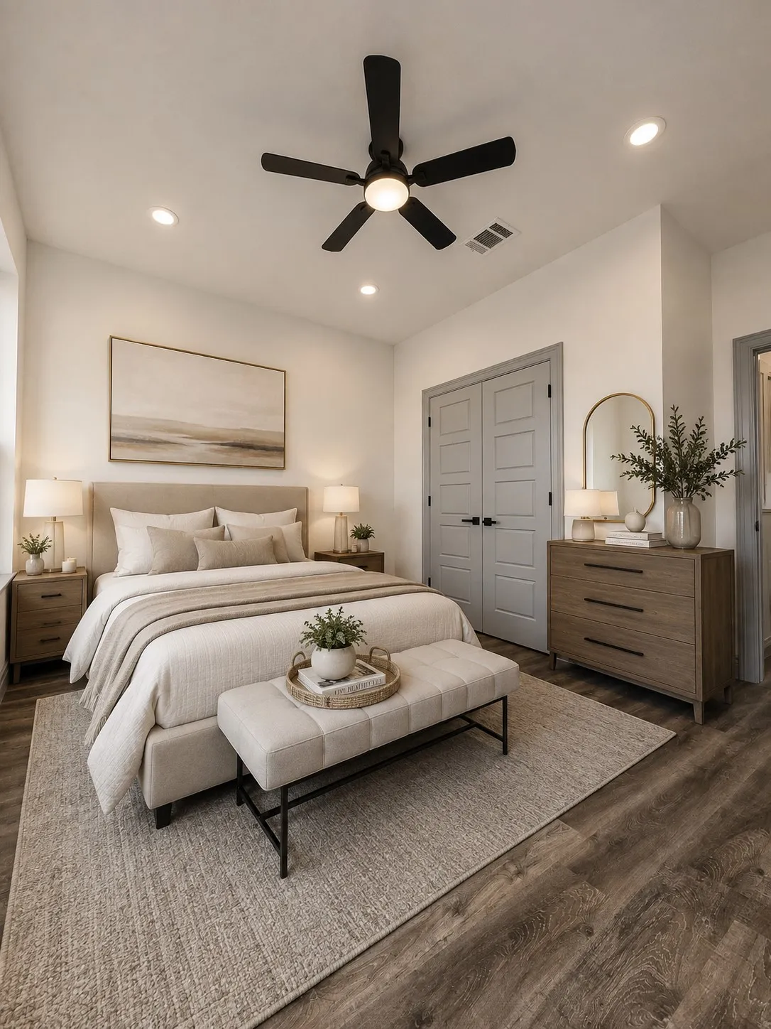 Spacious room featuring wood-finish flooring, recessed lighting, and a contemporary ceiling fan