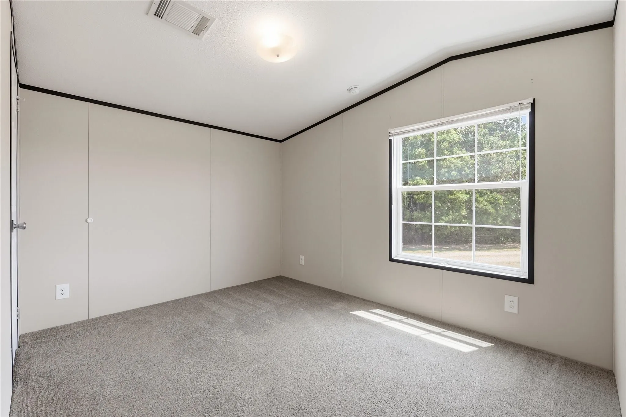 Carpeted room featuring a single window with white grilles, a flush-mount ceiling light fixture, and light-colored wall panels with dark trim