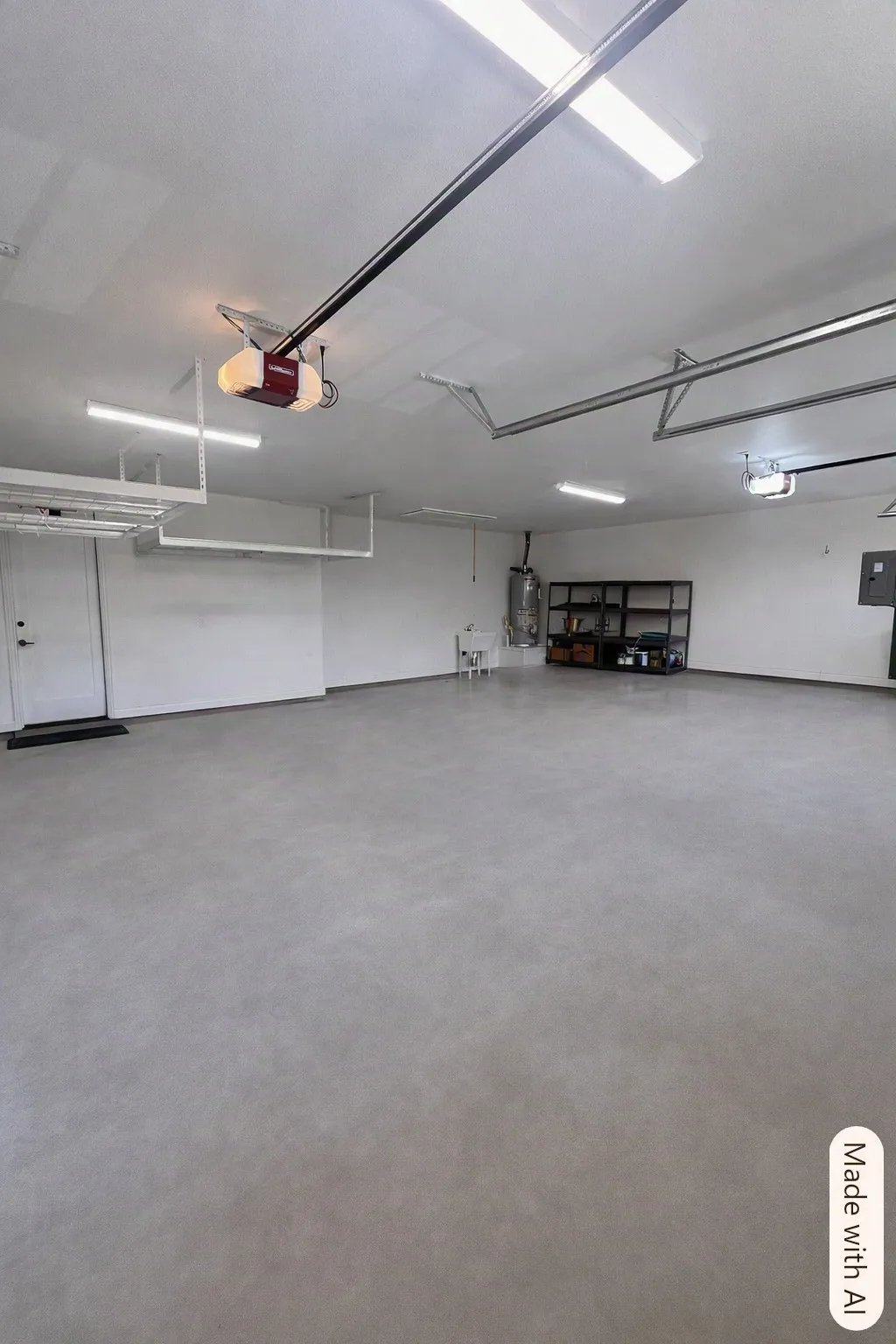 Garage is extra large and has Safe Rack brand storage off ceiling and a deep sink