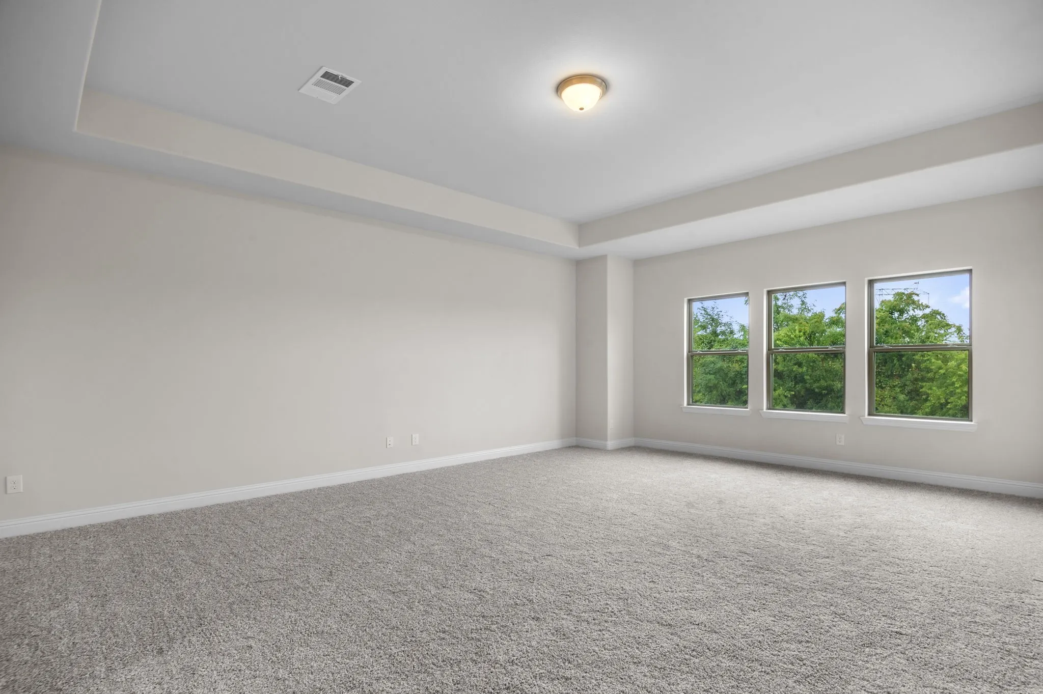 Carpeted empty room featuring a raised ceiling