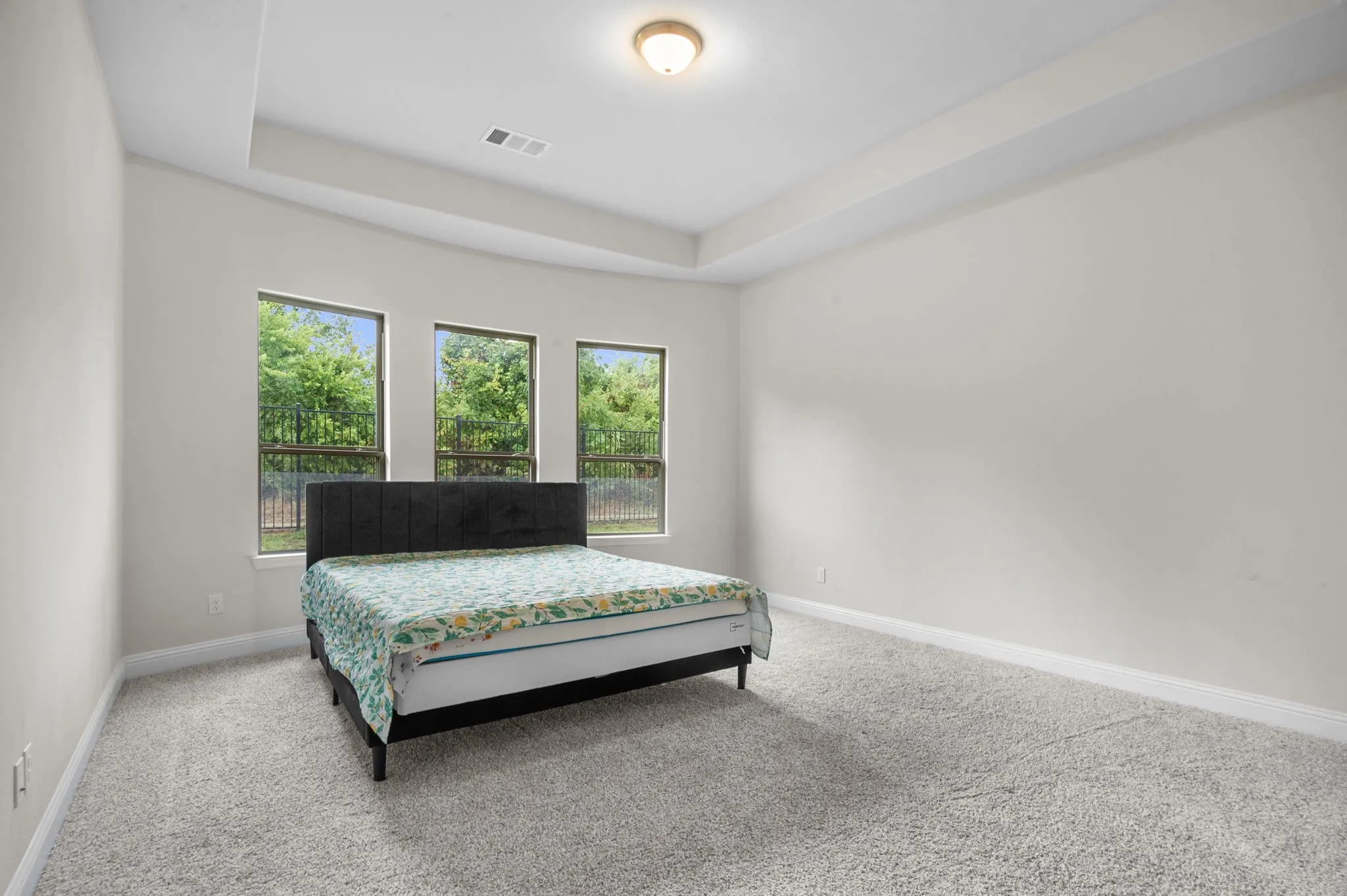 Carpeted bedroom featuring multiple windows and a raised ceiling