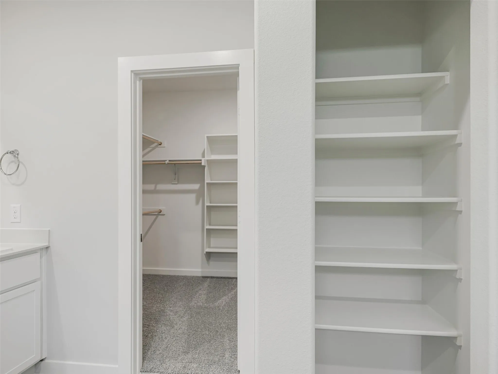 Spacious walk-in closet featuring built-in shelving and hanging rods with ample storage capacity