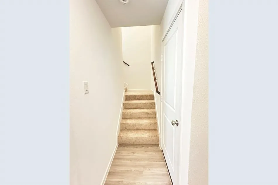 Stairway featuring hardwood / wood-style flooring
