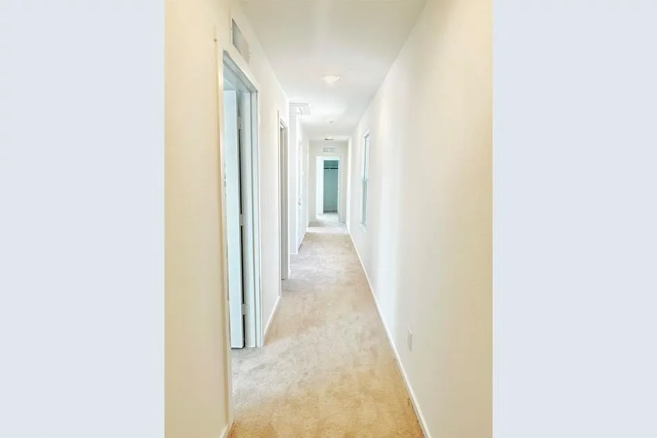 Corridor featuring light colored carpet