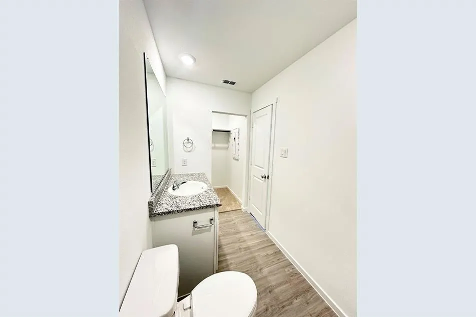 Bathroom with vanity, toilet, and hardwood / wood-style flooring