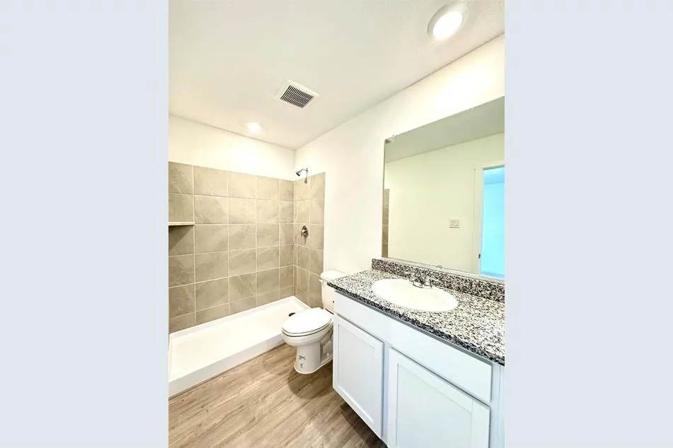 Bathroom with wood-type flooring, vanity, a tile shower, and toilet
