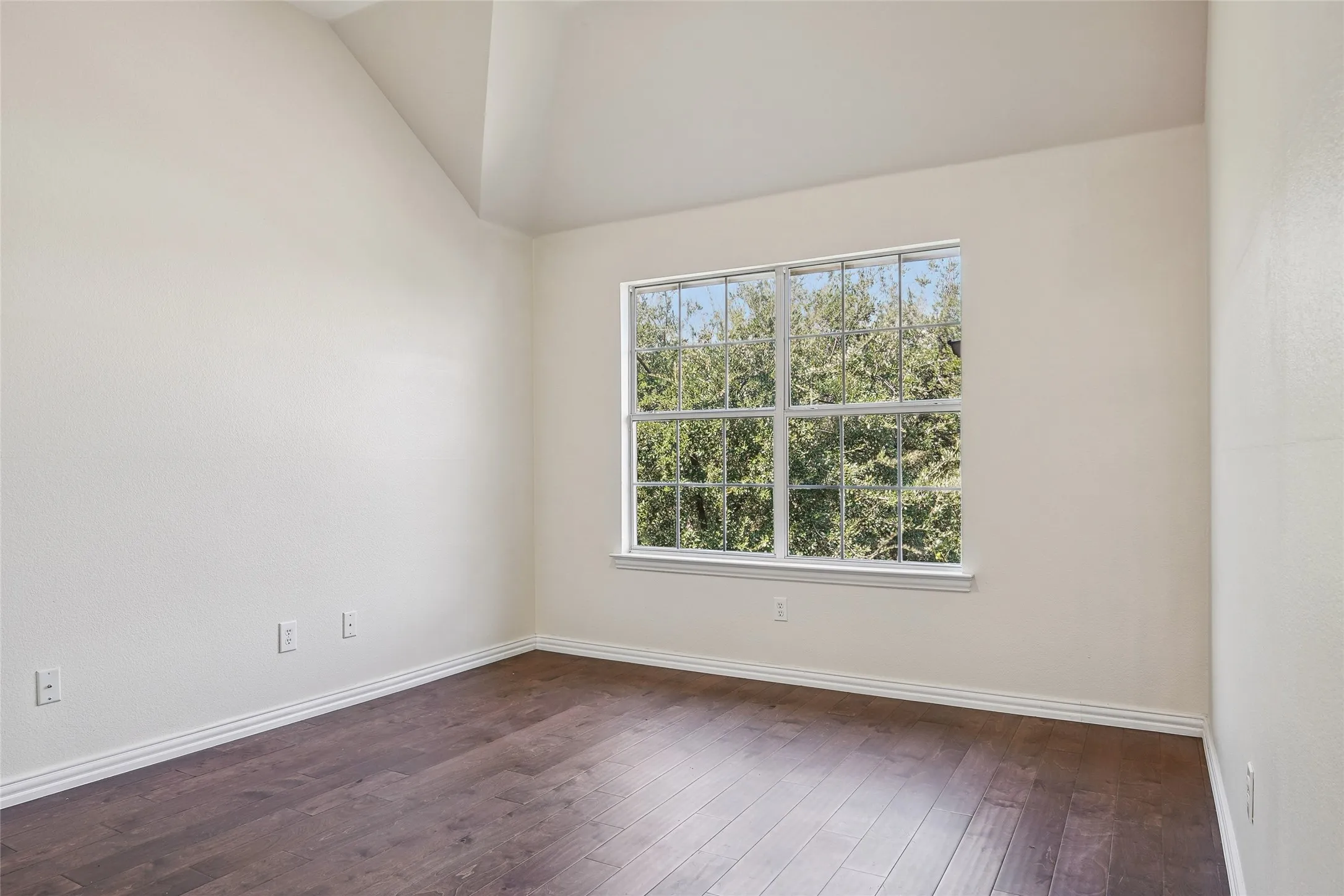Room featuring wood-finish flooring, white baseboards, a large window with multiple panes, and a vaulted ceiling