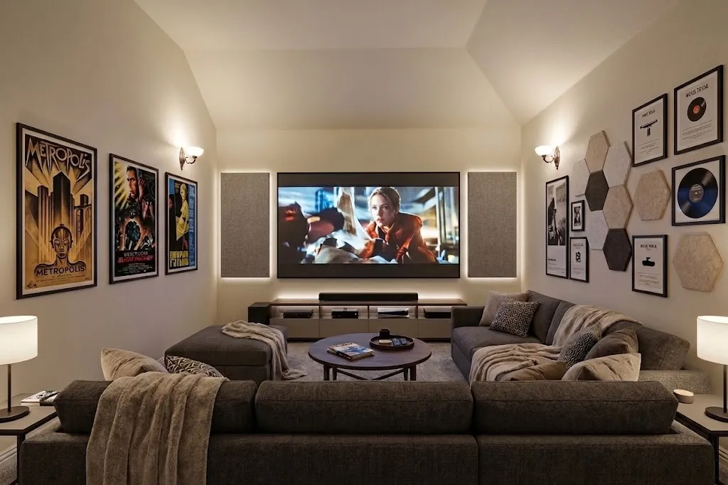 AI Staged, Recessed ceiling lighting, vaulted ceiling, large wall-mounted screen, built-in media console, and wall sconces