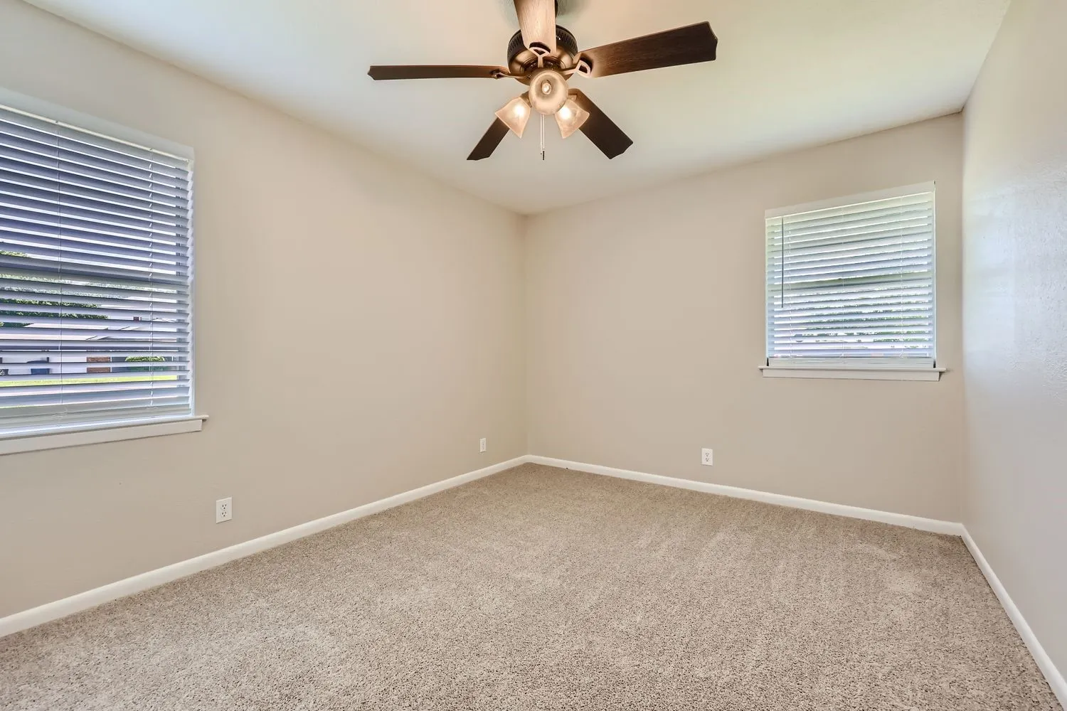 Spacious bedroom featuring neutral wall finishes, plush carpeting, and abundant natural light from dual windows with plantation shutters