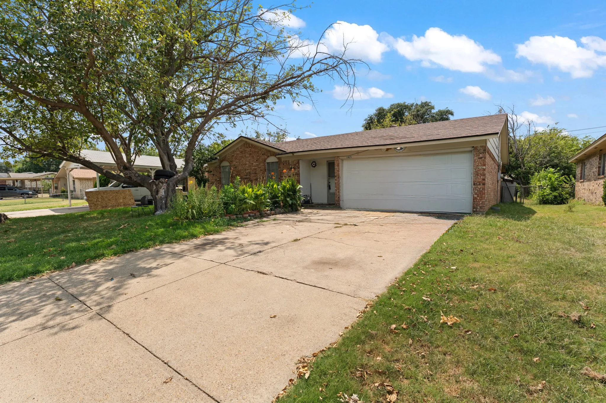 Single-story brick residence featuring a spacious driveway, two-car attached garage with white paneled door, and mature landscaping including a large shade tree