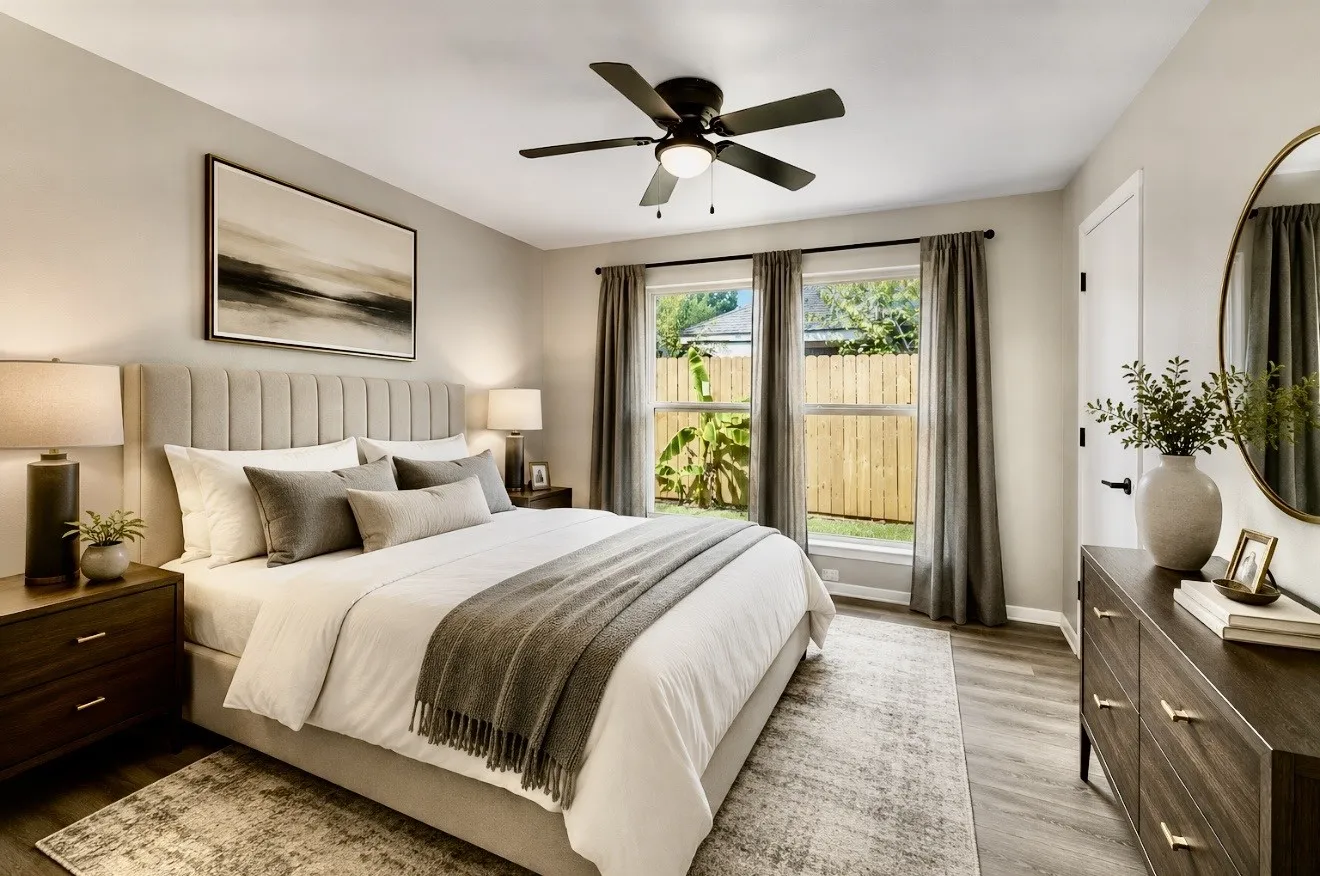 Bedroom featuring wood-finish flooring, a contemporary ceiling fan, and a paneled accent wall behind the bed
