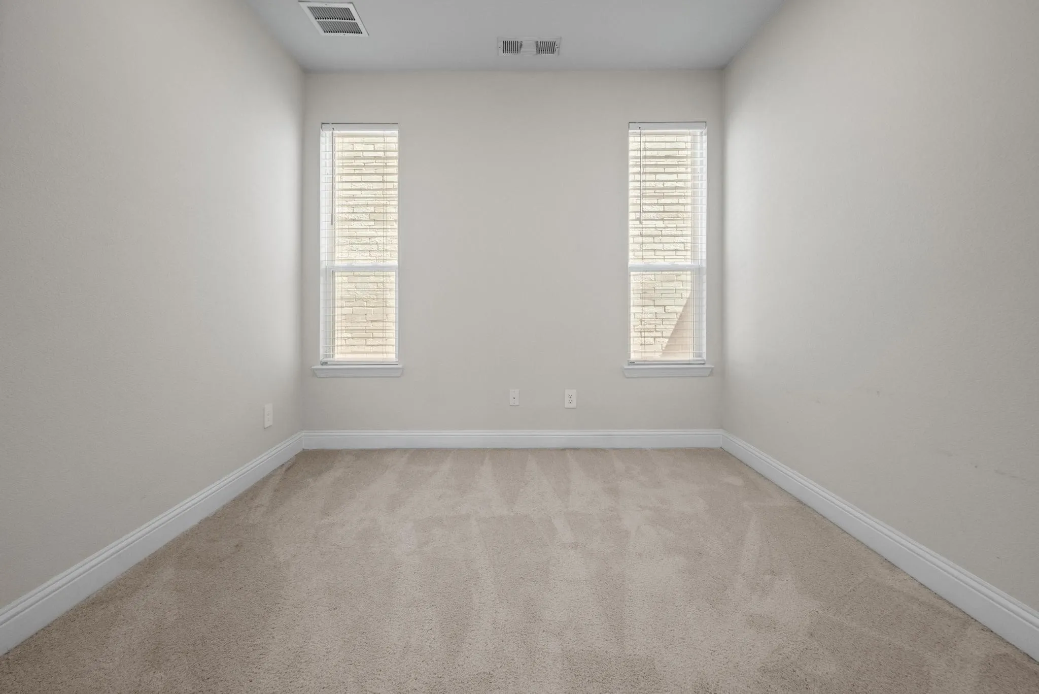 Carpeted room featuring two vertical windows with blinds, light-toned walls, and white baseboards