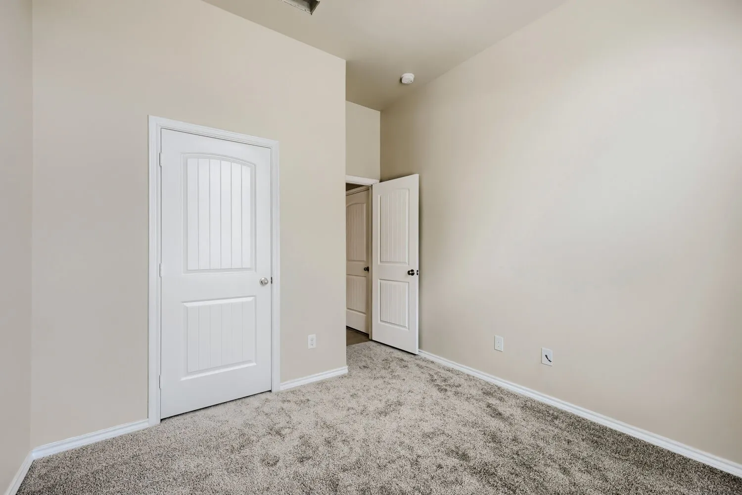 Neutral tone painted walls and textured gray carpeting