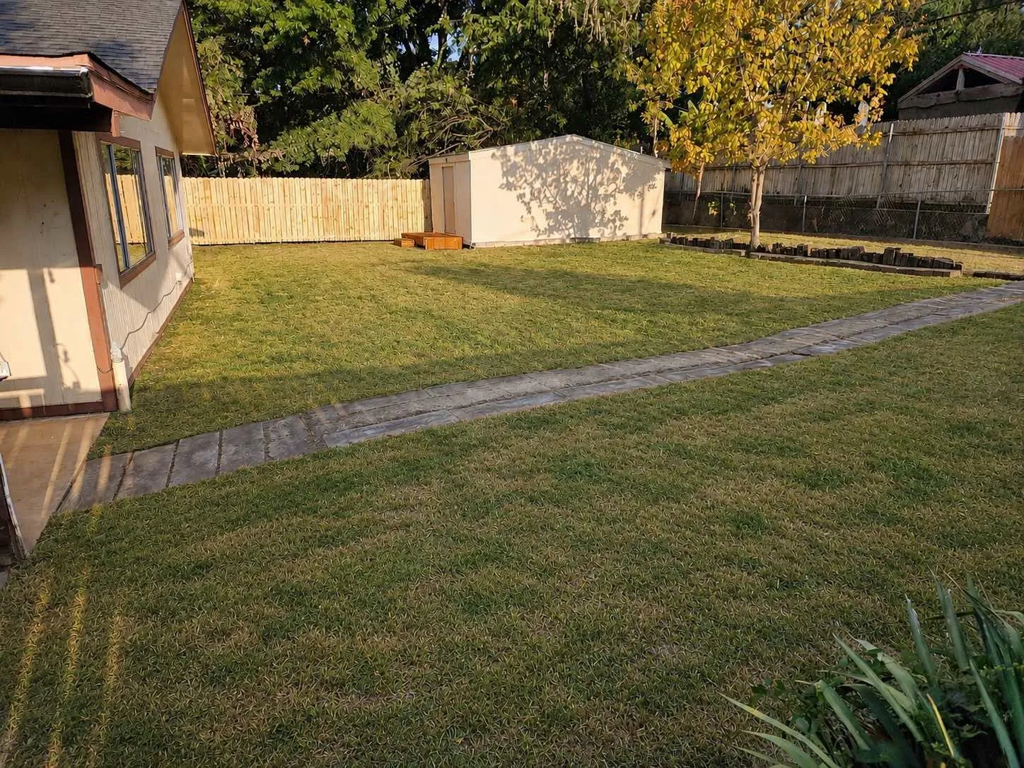 Expansive lawn area with a concrete pathway, privacy fencing, and a detached storage shed