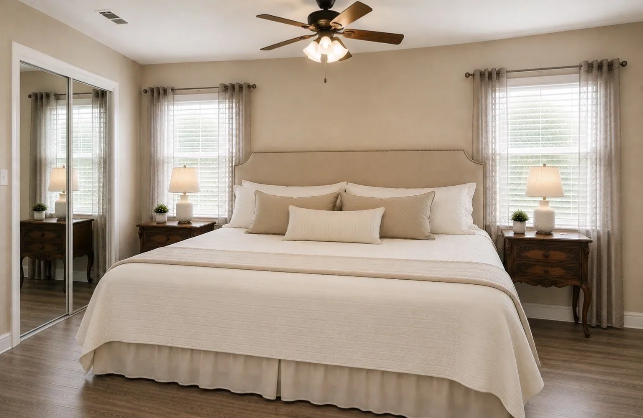 Virtually staged. Spacious room featuring wood-finish flooring, a ceiling fan with integrated lighting, and two windows with blinds