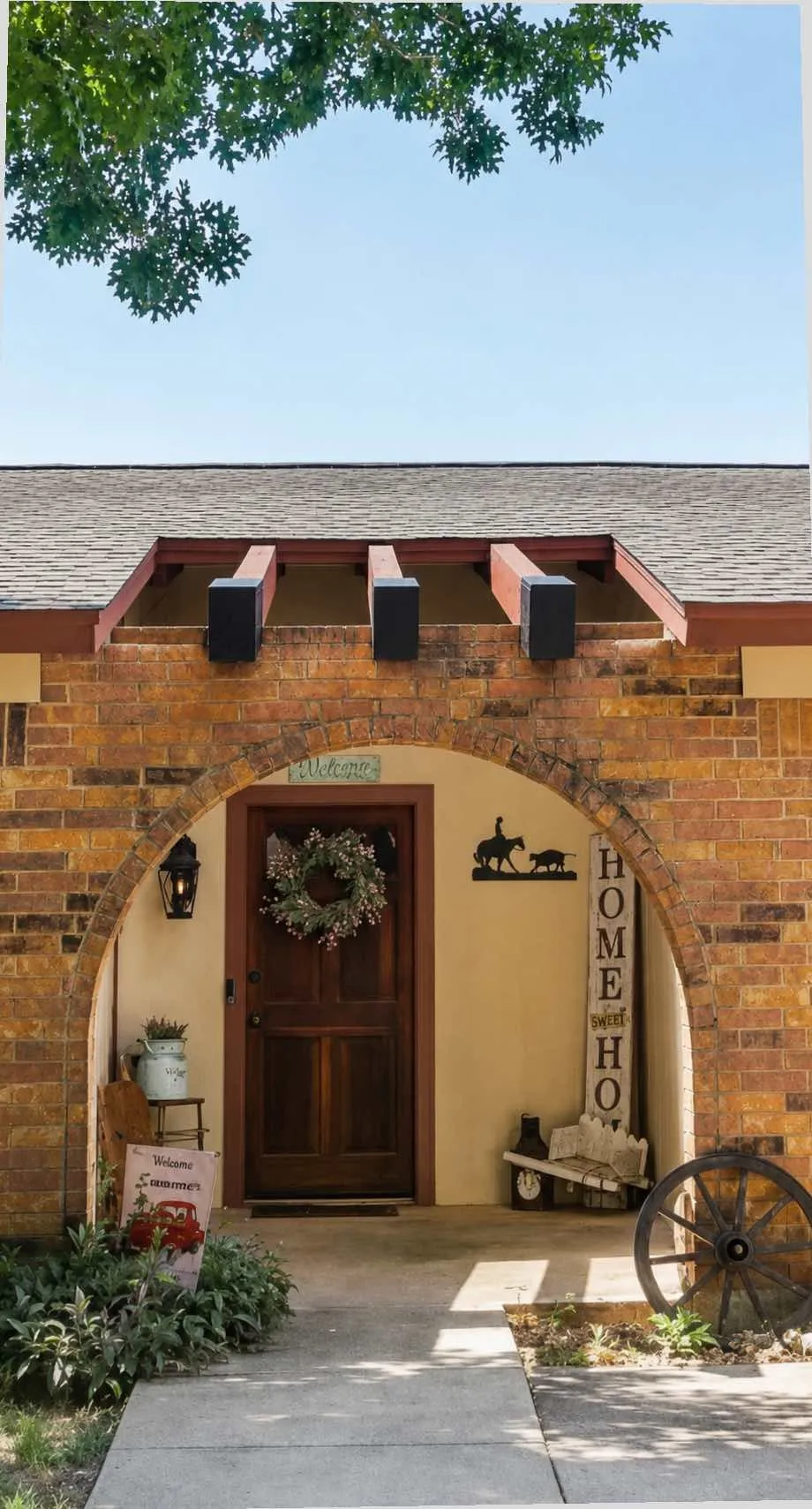 Arched brick entry with exposed wood beams and a paneled wood door