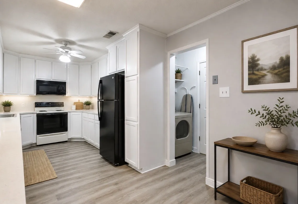 Virtually staged. Kitchen featuring white cabinetry, black appliances, light countertops, and wood-finish flooring